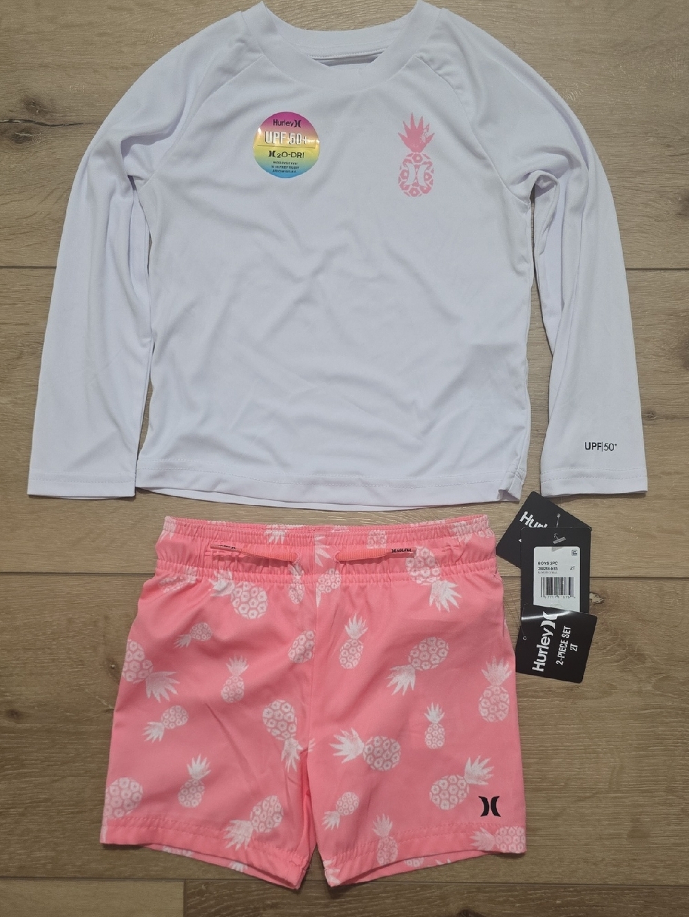 Hurley Boys 2-Piece Pineapple Swim Set White & Pink UPF 50+ H20 Dri 2t